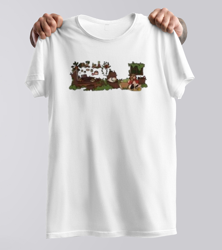 Woodlands Snifferish X Pop Cozy Cottage Scene With Greenery And Logs T-Shirt