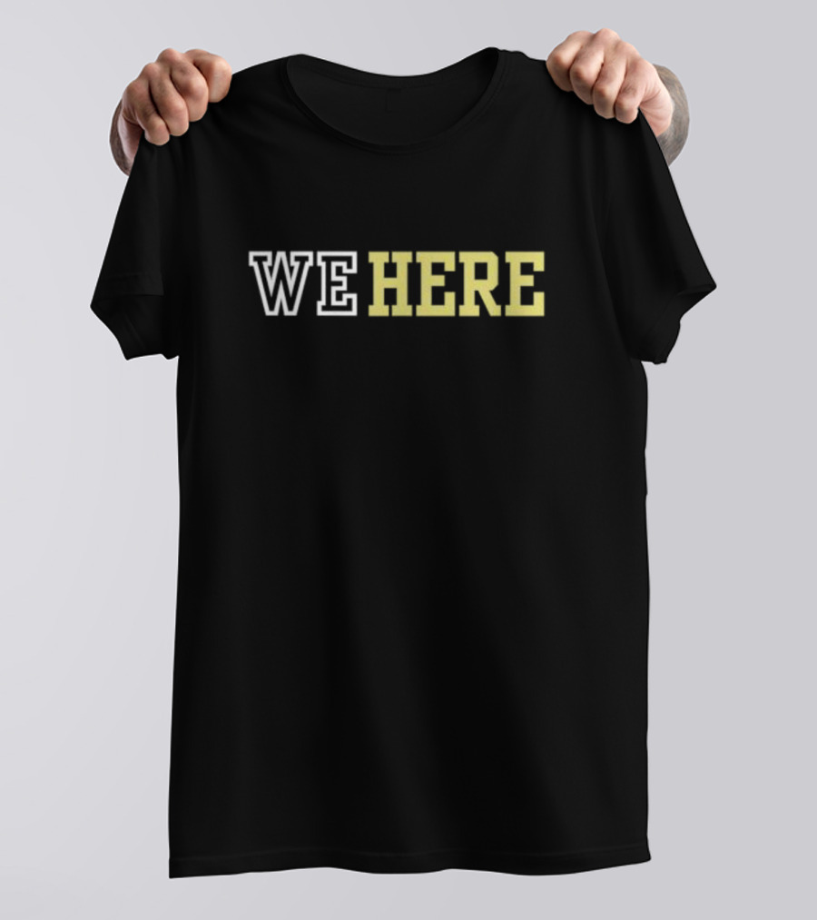 WE HERE Bold Varsity Lettering Text T-Shirt