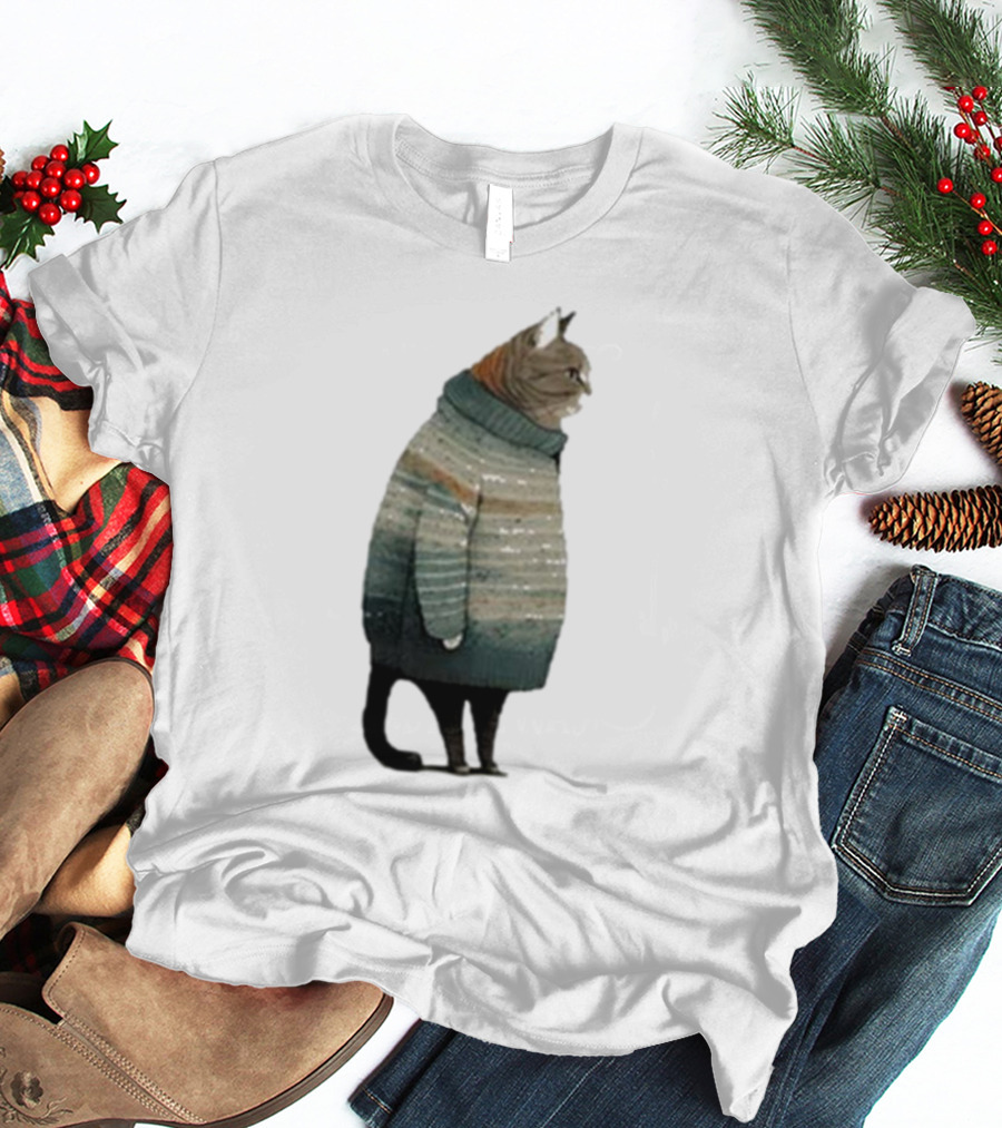 Women’s Winter Cat In Cozy Sweater Print T-Shirt