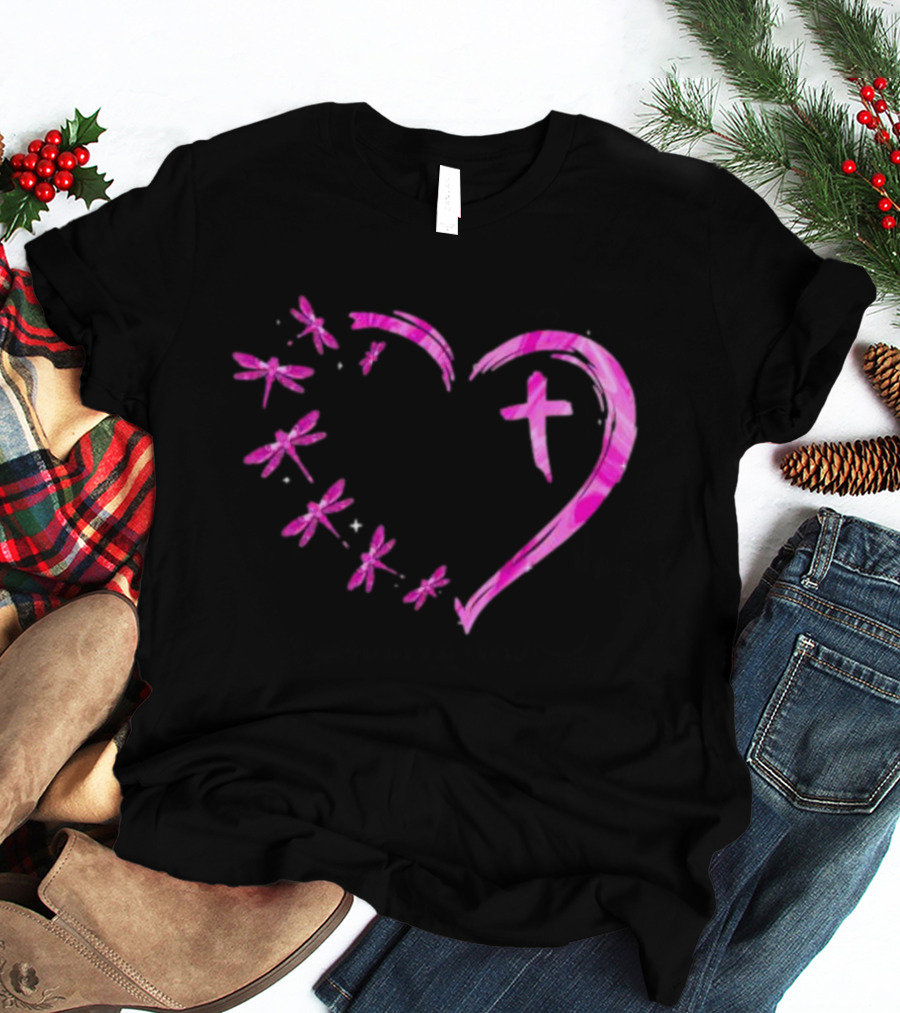 Dragonfly Pink Diamond Heart Cross Motif T-Shirt