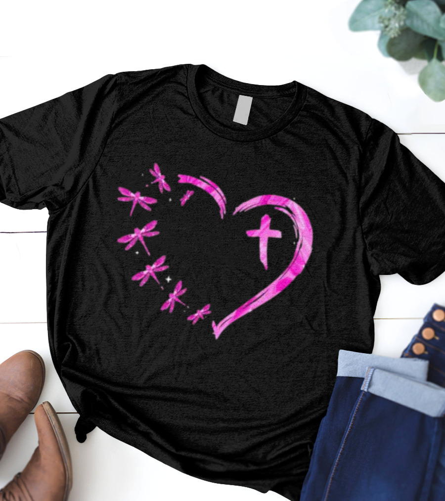 Dragonfly Pink Diamond Heart Cross Motif T-Shirt