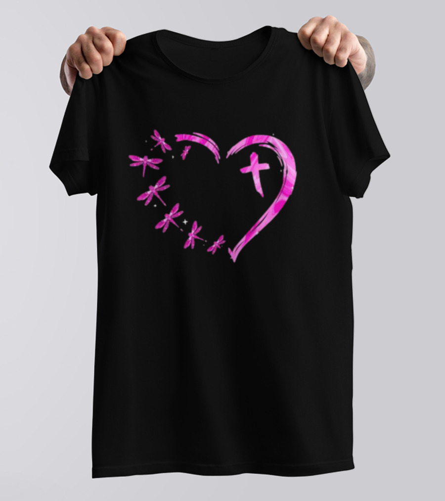 Dragonfly Pink Diamond Heart Cross Motif T-Shirt