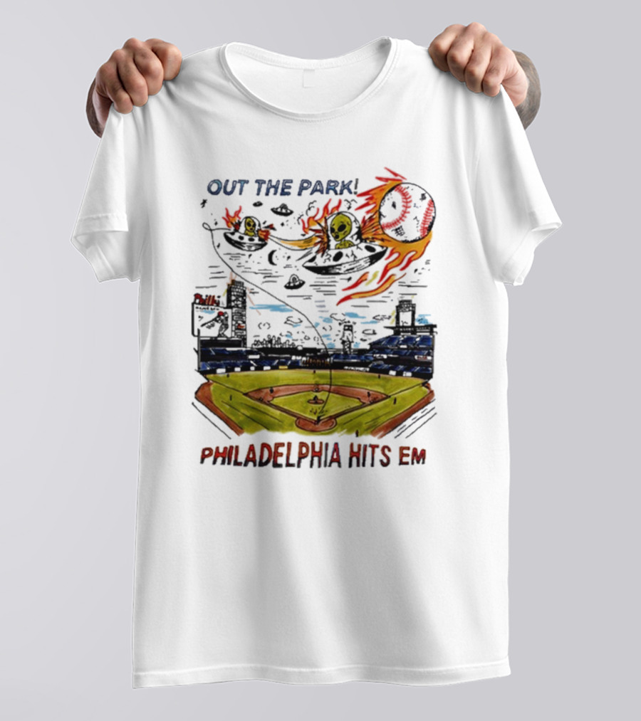 Out The Park Philadelphia Hits 'Em Alien Baseball Explosion T-Shirt