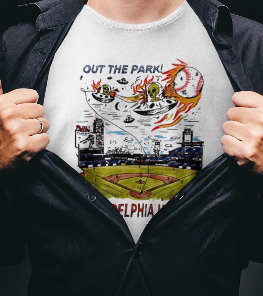 Out The Park Philadelphia Hits 'Em Alien Baseball Explosion T-Shirt