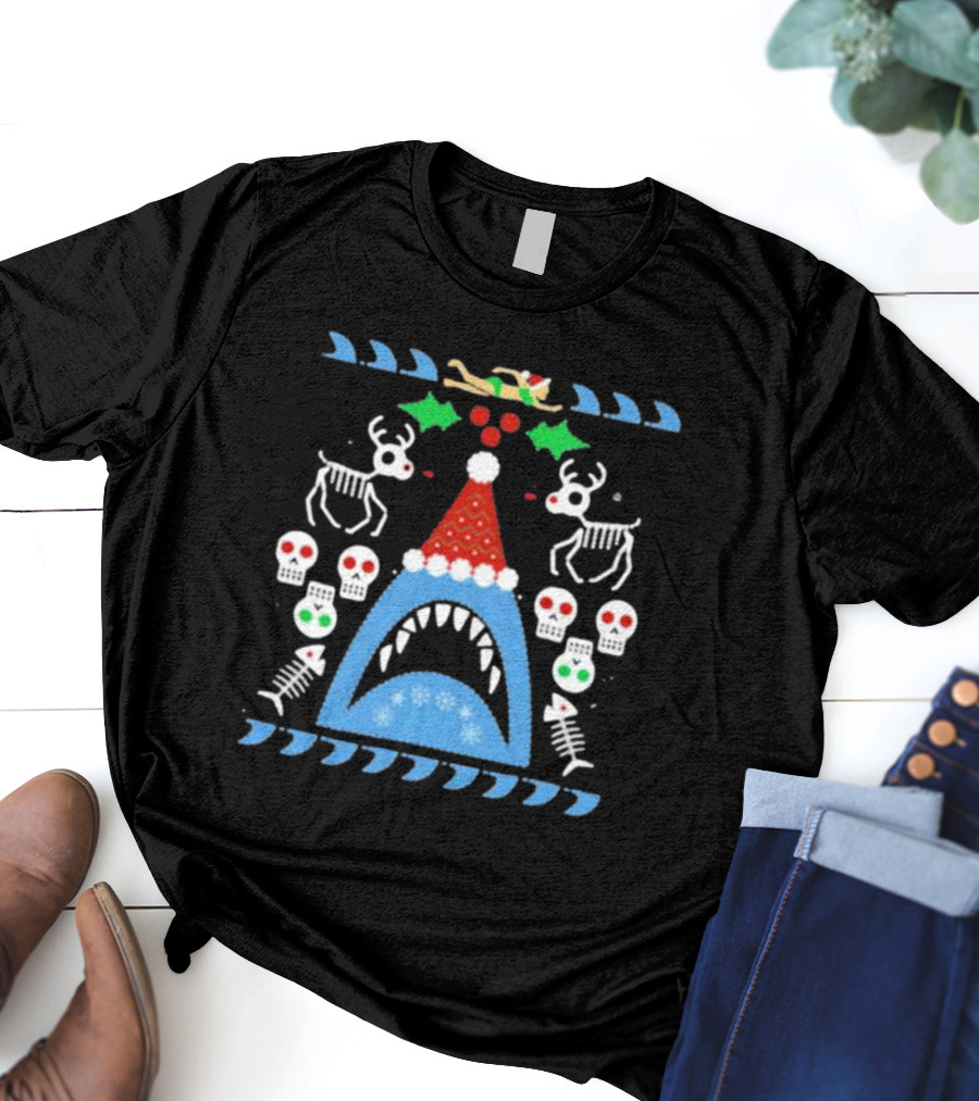 Santa Jaws Ugly Christmas Sweater With Shark, Skeleton Reindeer, And Skulls T-Shirt