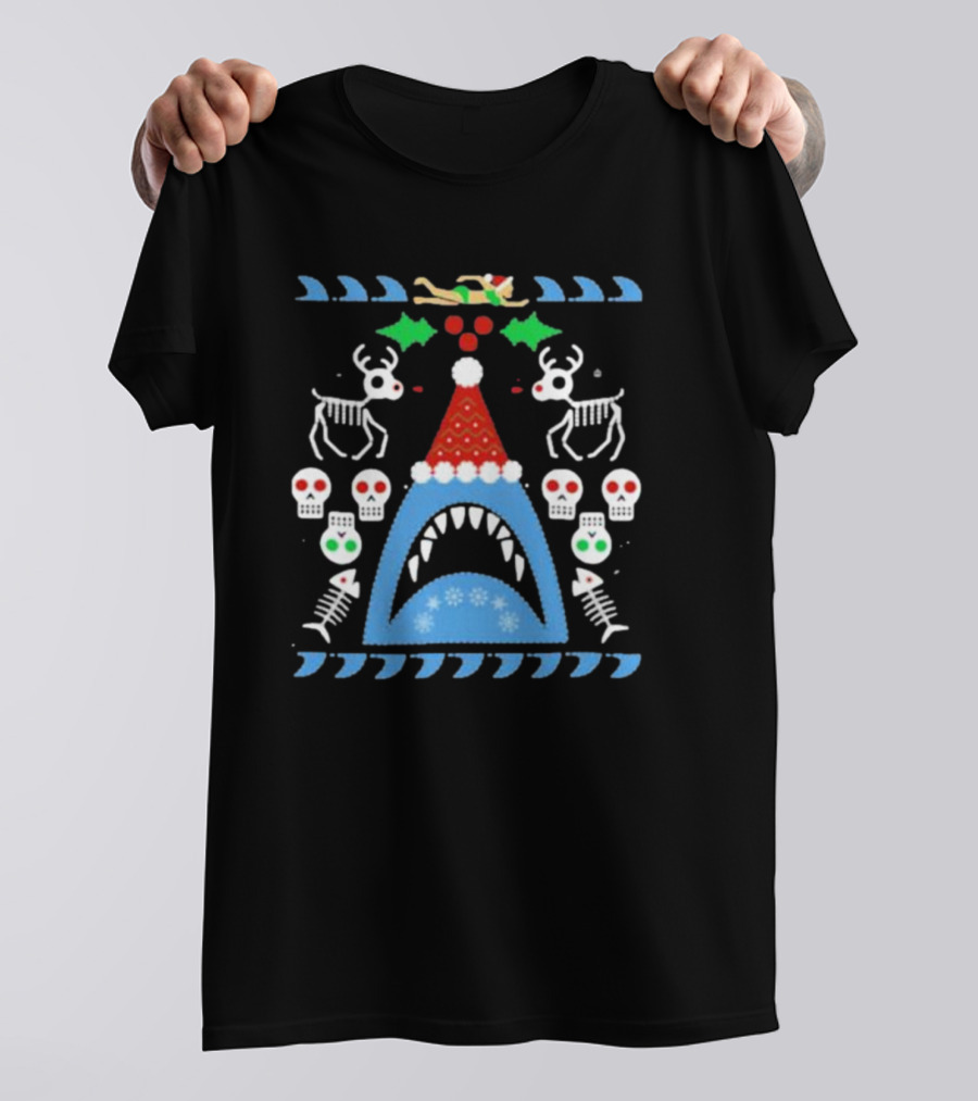 Santa Jaws Ugly Christmas Sweater With Shark, Skeleton Reindeer, And Skulls T-Shirt