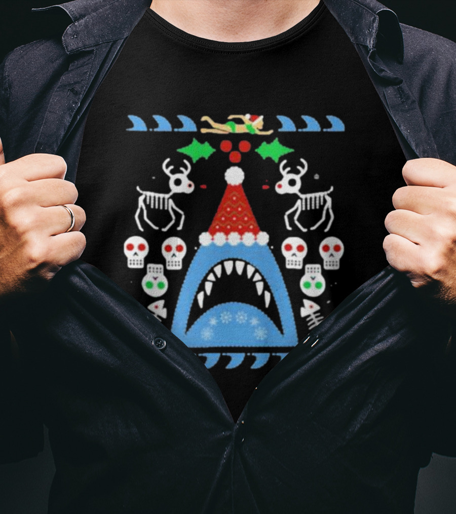 Santa Jaws Ugly Christmas Sweater With Shark, Skeleton Reindeer, And Skulls T-Shirt