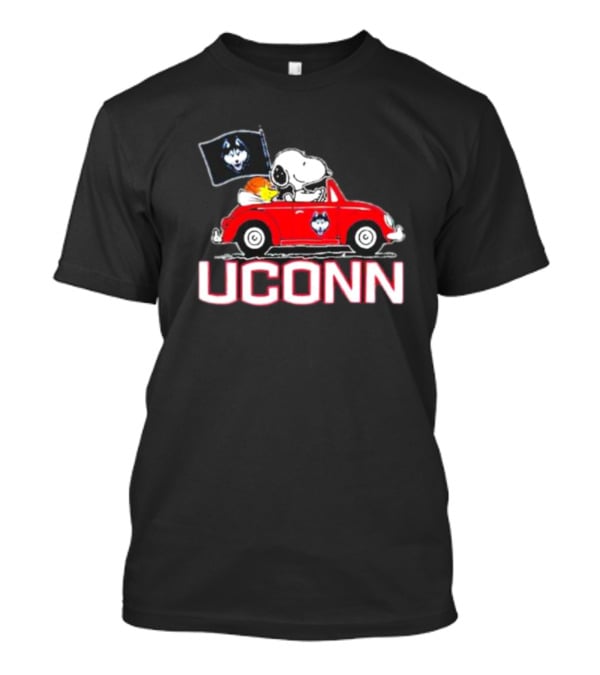 UCONN Huskies Snoopy And Woodstock Driving Red Car With Flag T-Shirt