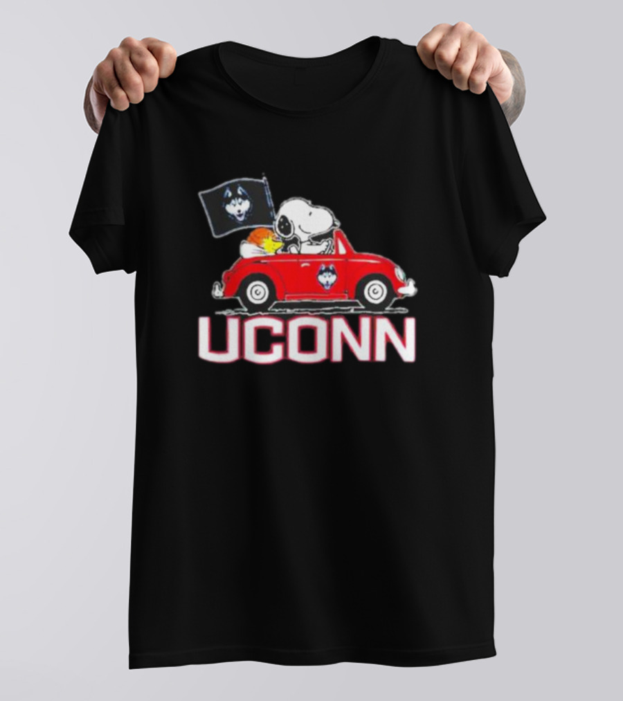 UCONN Huskies Snoopy And Woodstock Driving Red Car With Flag T-Shirt