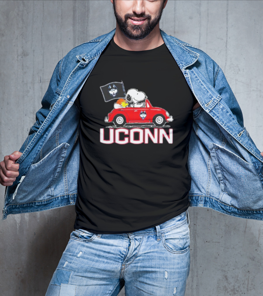 UCONN Huskies Snoopy And Woodstock Driving Red Car With Flag T-Shirt