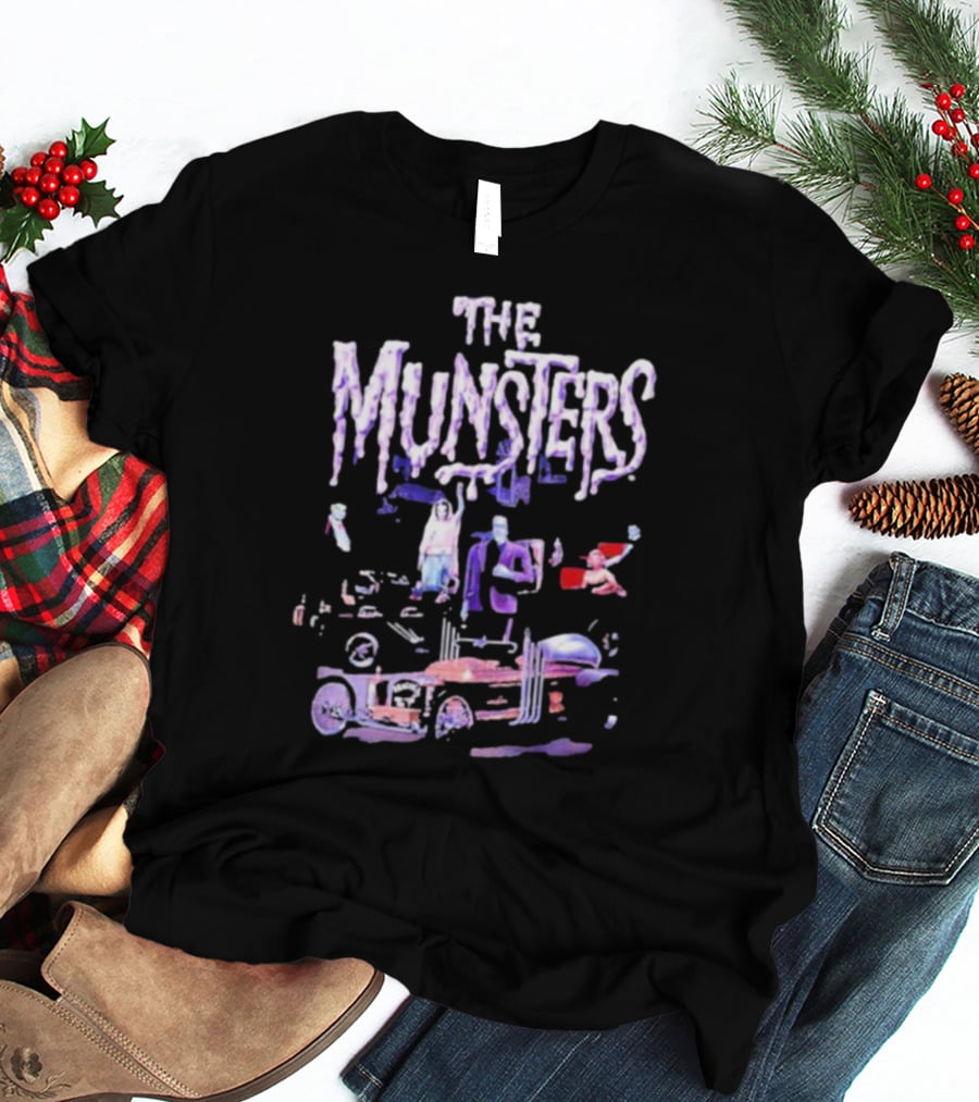 The Munsters Classic Characters With Hot Rod And Dragula Car Halloween T-Shirt