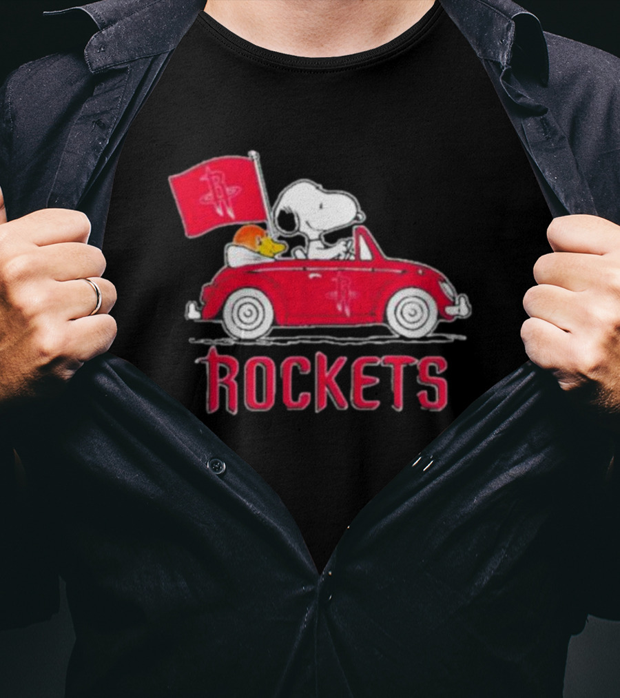 Houston Rockets Snoopy Dog Driving Red Car With Basketball Flag T-Shirt