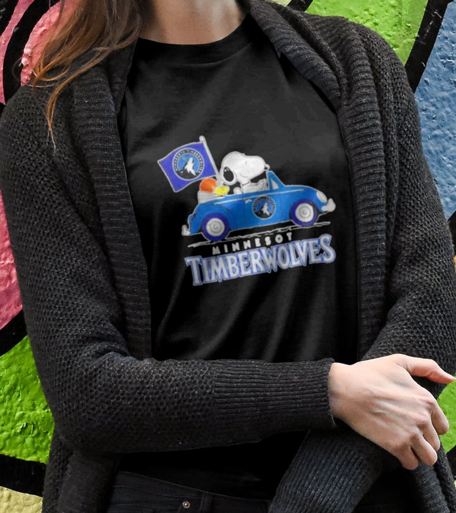 Minnesota Timberwolves Snoopy Dog Driving Blue Car Holding Basketball Flag T-Shirt