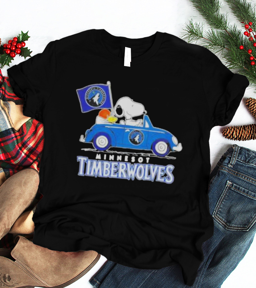 Minnesota Timberwolves Snoopy Dog Driving Blue Car Holding Basketball Flag T-Shirt