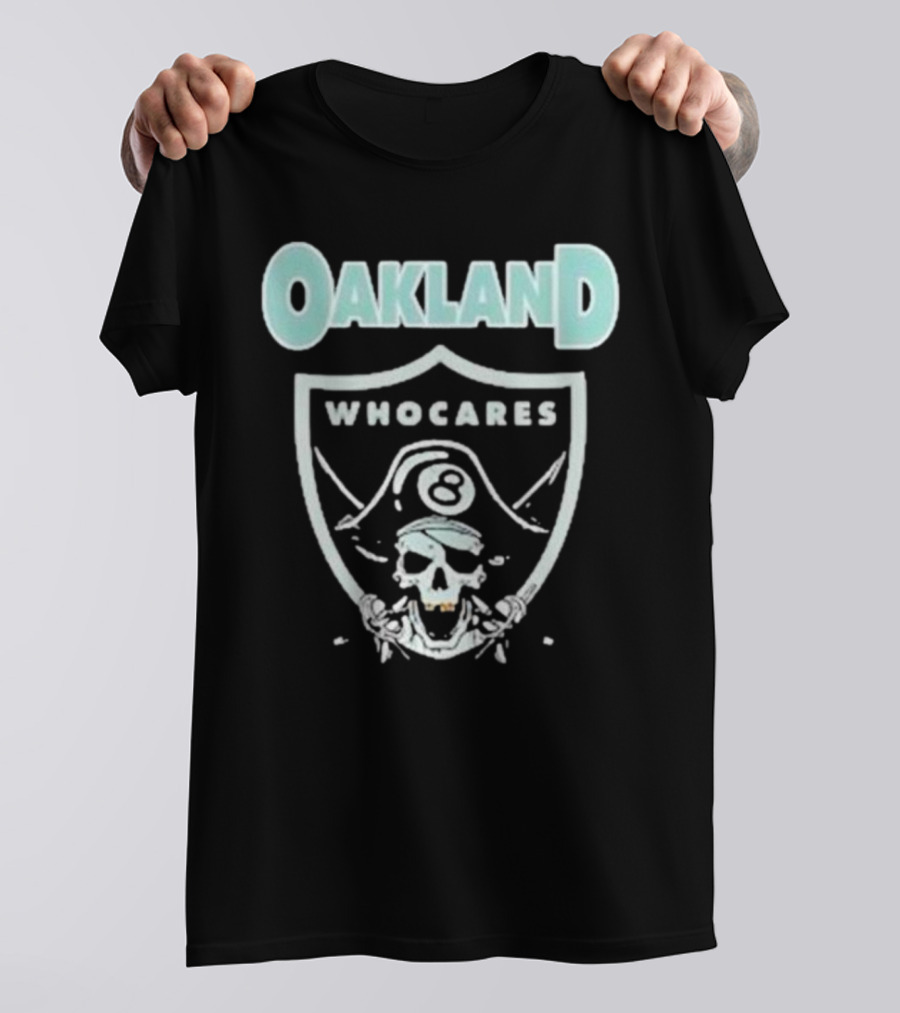 Oakland Who Cares 8 Pirate Skull Shield T-Shirt