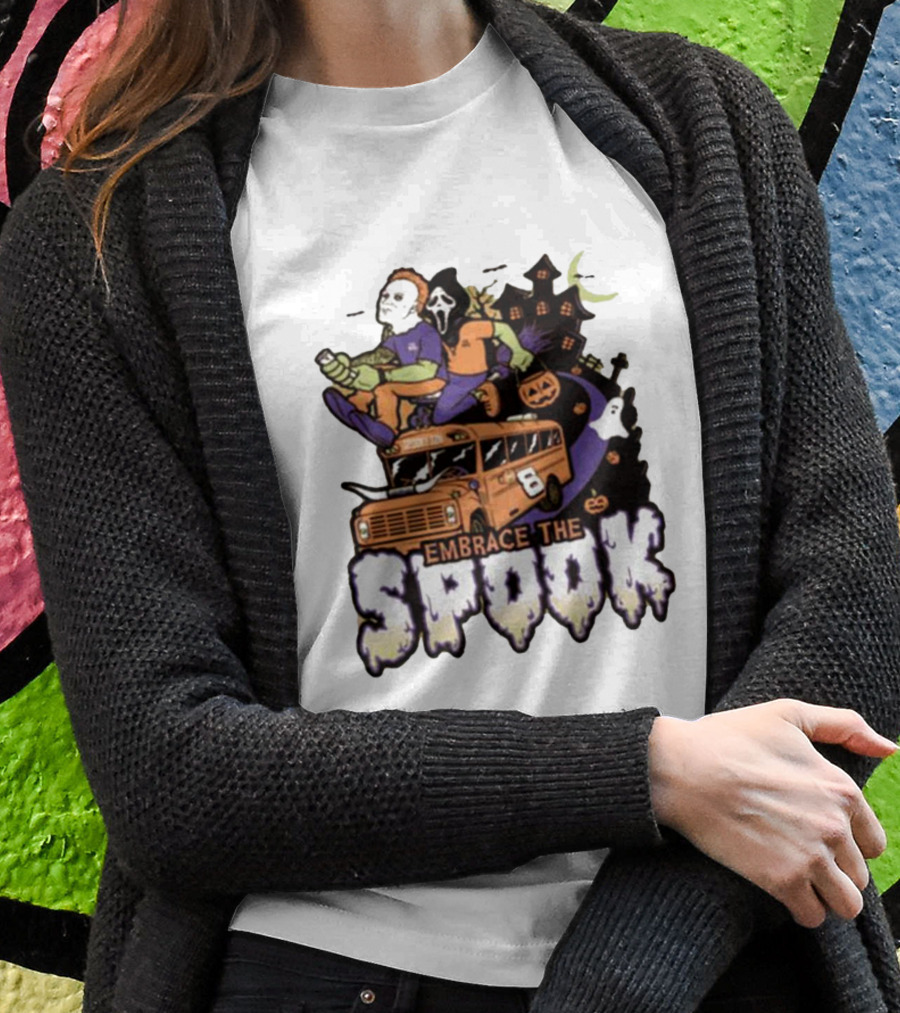 Embrace The Spook Bus With Horror Characters And Haunted House T-Shirt