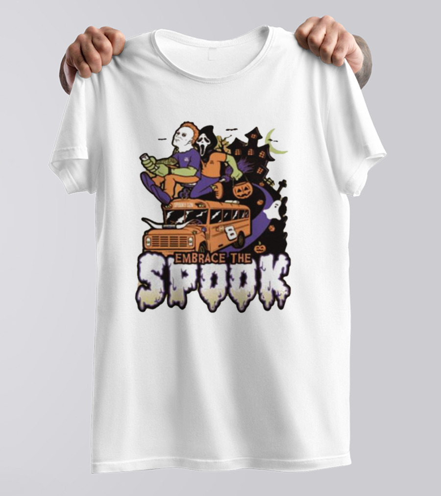 Embrace The Spook Bus With Horror Characters And Haunted House T-Shirt