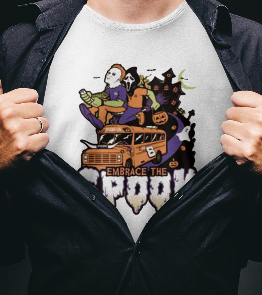 Embrace The Spook Bus With Horror Characters And Haunted House T-Shirt