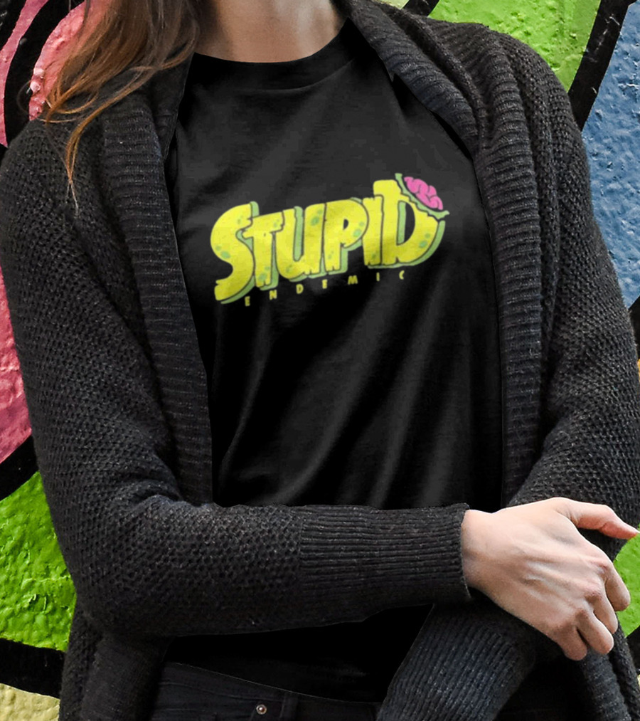 STUPID ENDEMIC Green Text With Brain Motif T-Shirt