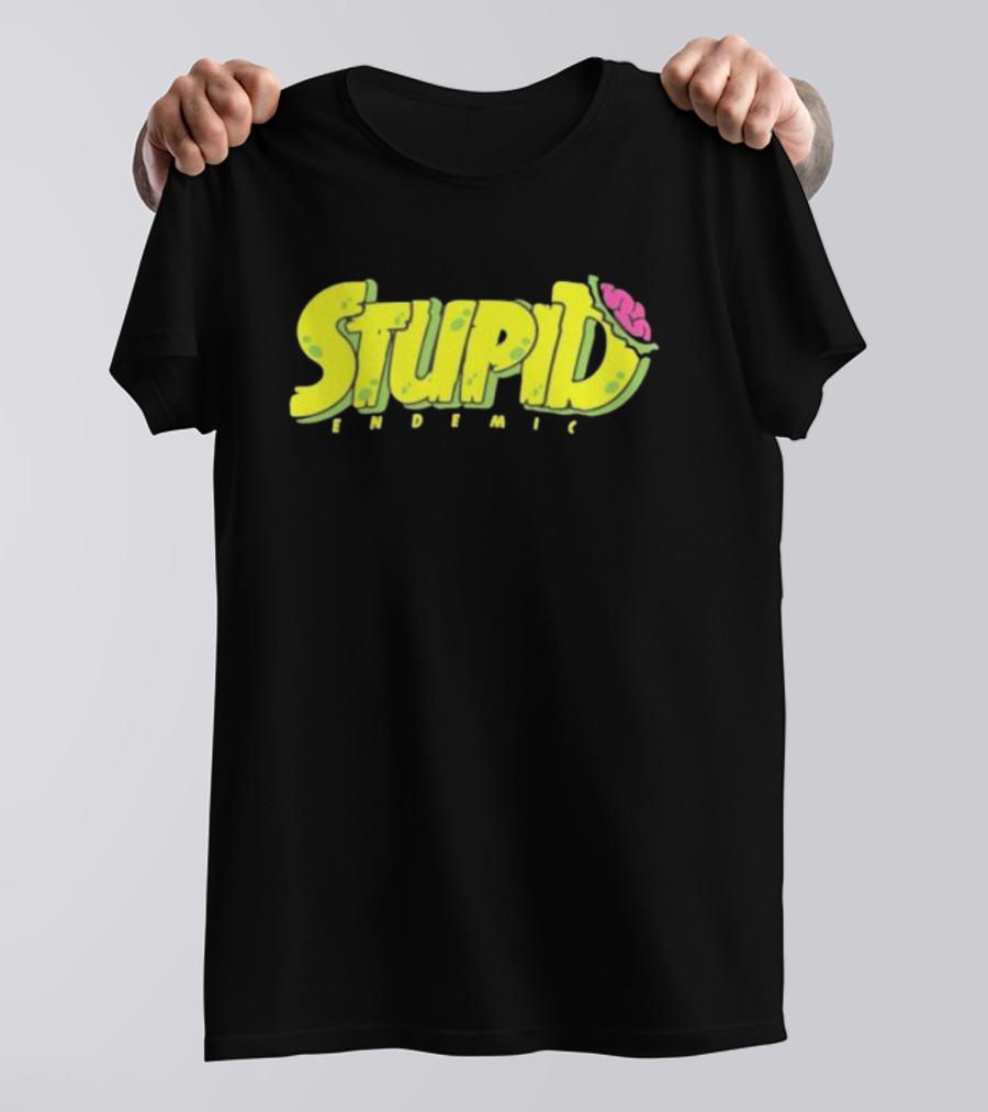 STUPID ENDEMIC Green Text With Brain Motif T-Shirt