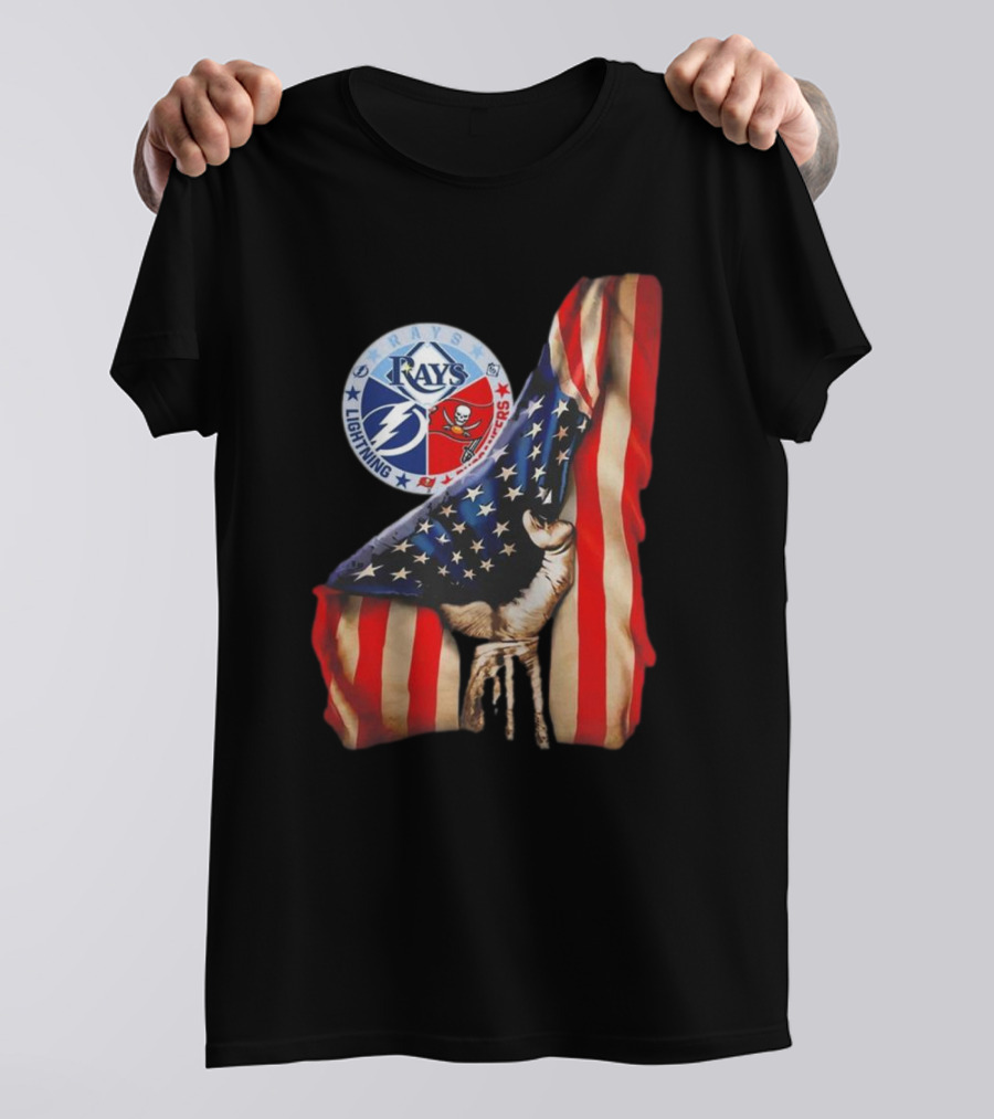 Tampa Bay Rays Lightning Buccaneers American Flag Fist T-Shirt