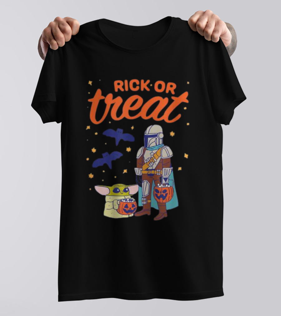 Rick Or Treat The Mandalorian And Grogu Halloween Pumpkin Buckets With Bats And Stars T-Shirt