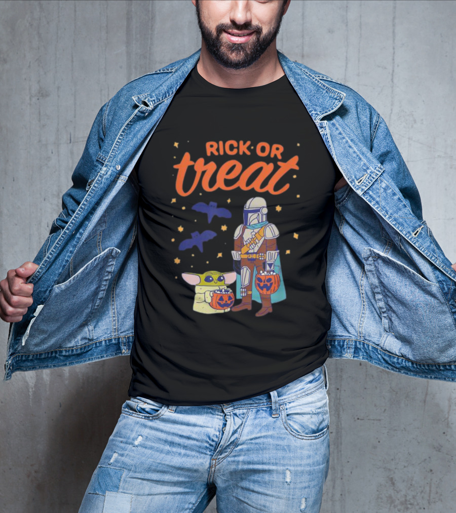 Rick Or Treat The Mandalorian And Grogu Halloween Pumpkin Buckets With Bats And Stars T-Shirt