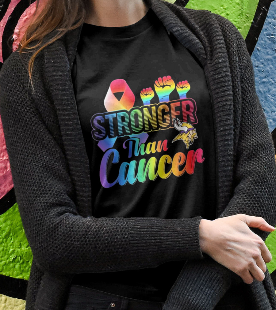 Minnesota Vikings Stronger Than Cancer With Rainbow Ribbon And Fists T-Shirt