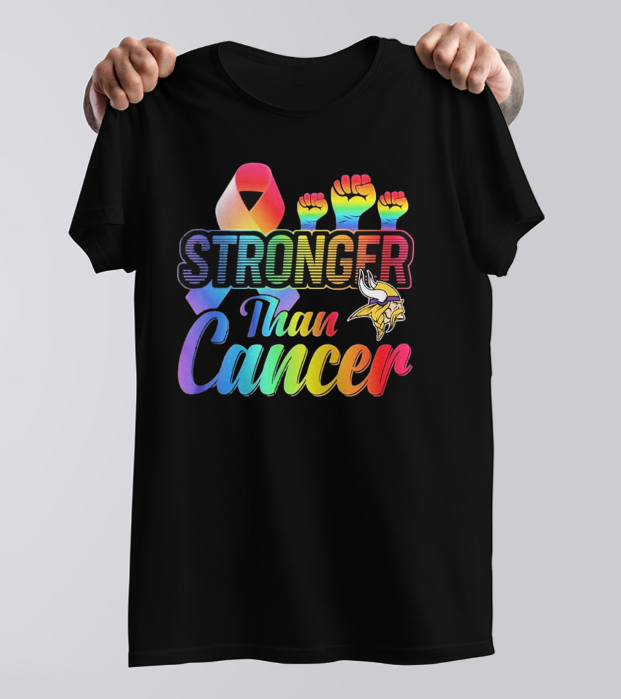 Minnesota Vikings Stronger Than Cancer With Rainbow Ribbon And Fists T-Shirt