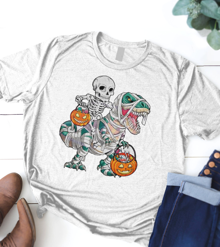 Spooky Saurus Rex Skeleton With Halloween Pumpkin Duo T-Shirt
