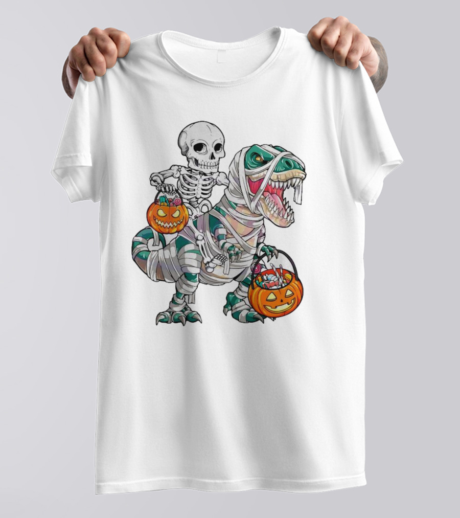 Spooky Saurus Rex Skeleton With Halloween Pumpkin Duo T-Shirt