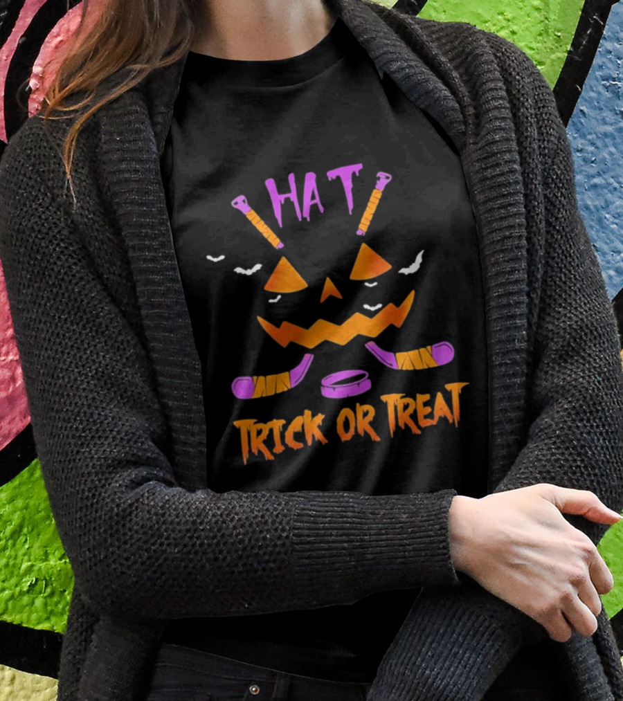 Hockey Hat Trick Or Treat Halloween Pumpkin With Hockey Sticks T-Shirt