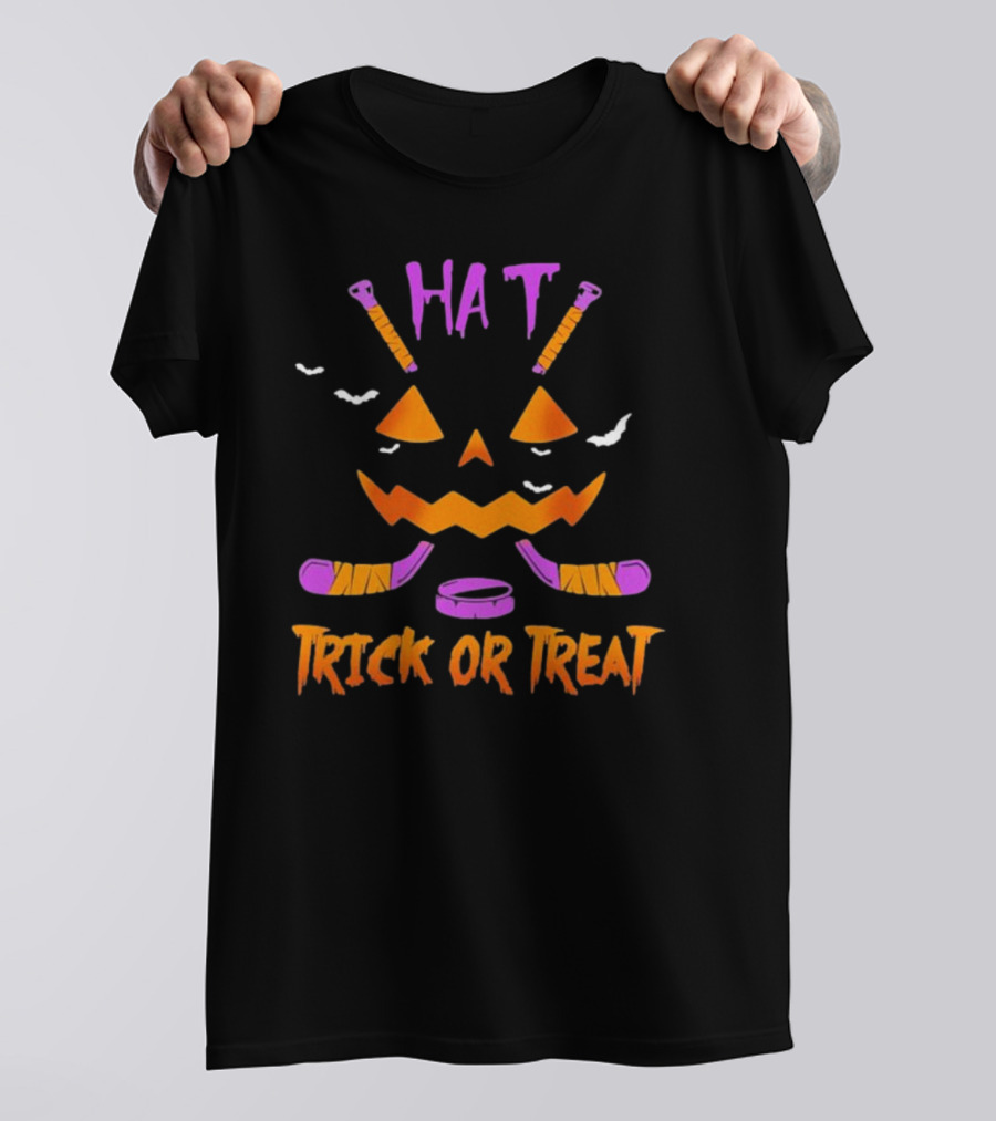 Hockey Hat Trick Or Treat Halloween Pumpkin With Hockey Sticks T-Shirt