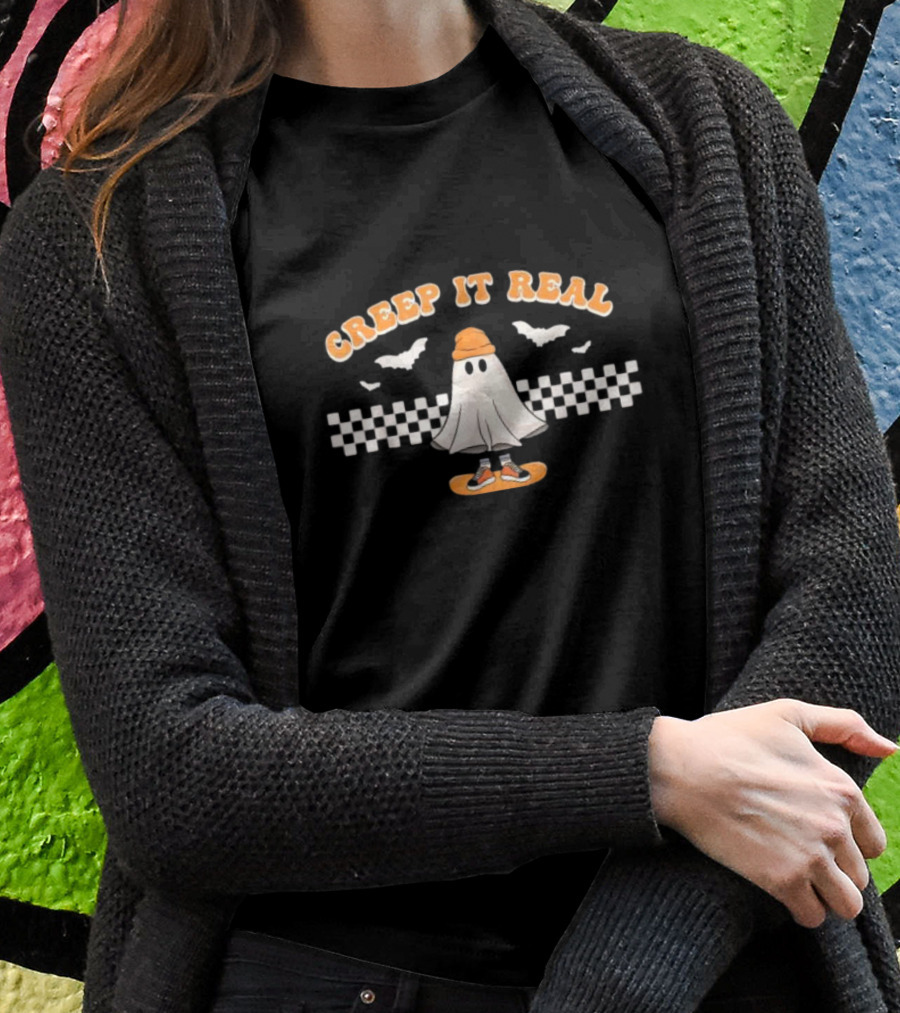 Creep It Real Ghost Skater Halloween Checkerboard Bats T-Shirt