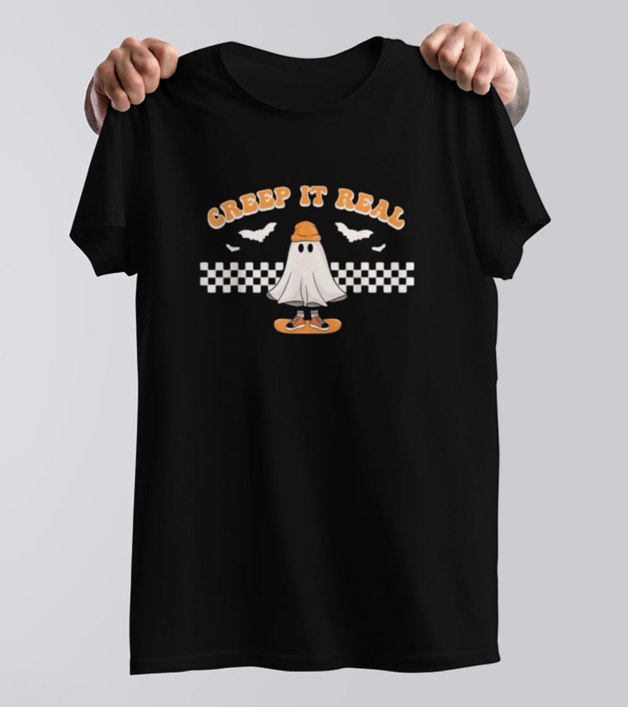 Creep It Real Ghost Skater Halloween Checkerboard Bats T-Shirt