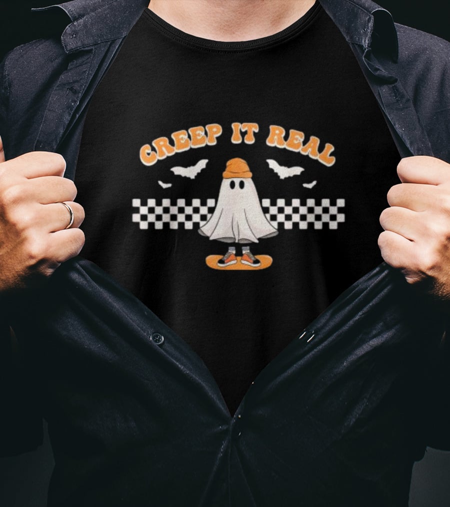 Creep It Real Ghost Skater Halloween Checkerboard Bats T-Shirt
