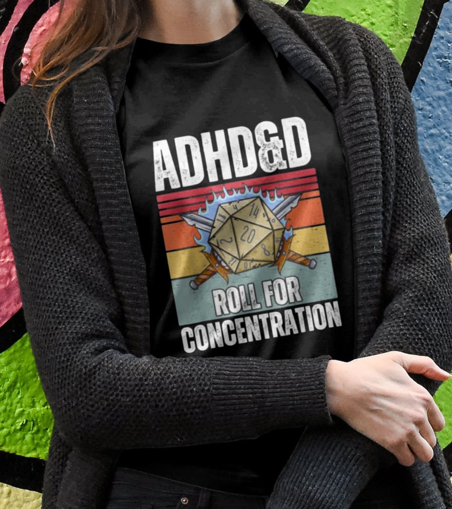 ADHD&D Roll For Concentration Retro Dice Sword Gamer T-Shirt