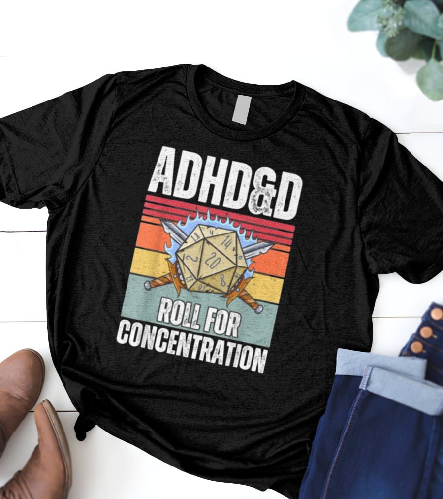 ADHD&D Roll For Concentration Retro Dice Sword Gamer T-Shirt