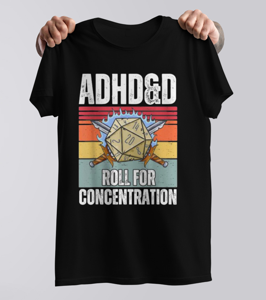ADHD&D Roll For Concentration Retro Dice Sword Gamer T-Shirt