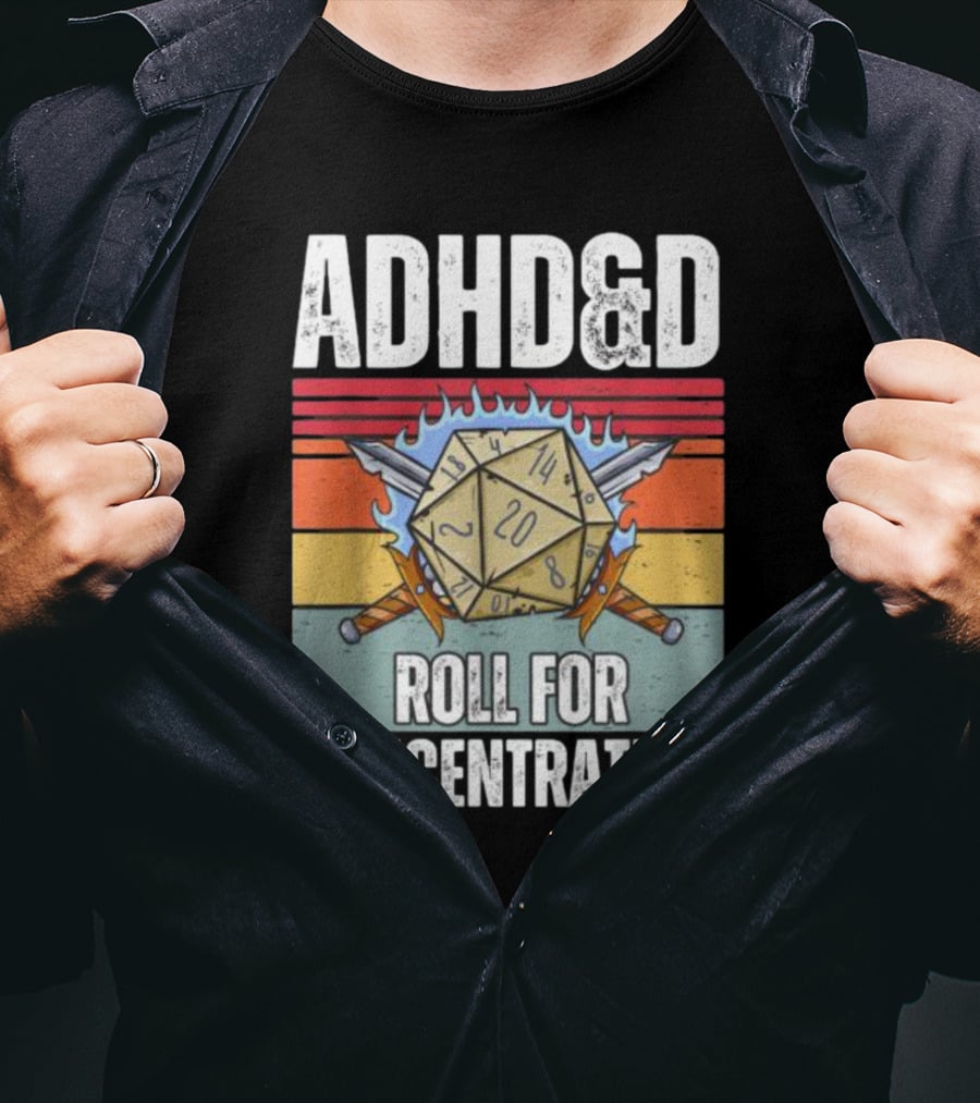 ADHD&D Roll For Concentration Retro Dice Sword Gamer T-Shirt