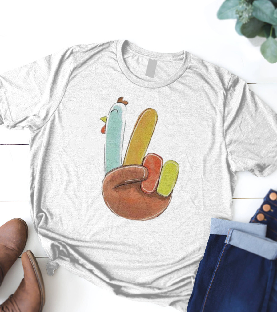 Thanksgiving Hand Gesture Cute Turkey Peace Sign Holiday Fun T-Shirt