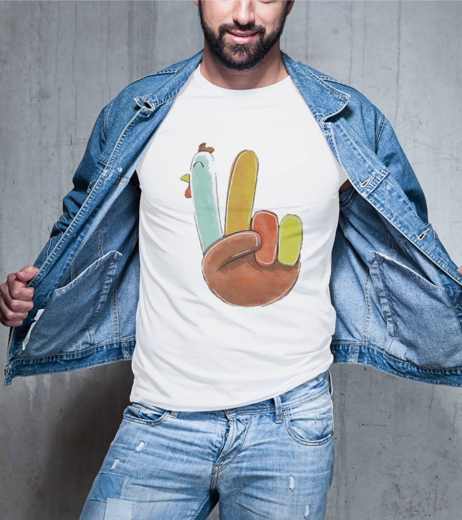 Thanksgiving Hand Gesture Cute Turkey Peace Sign Holiday Fun T-Shirt