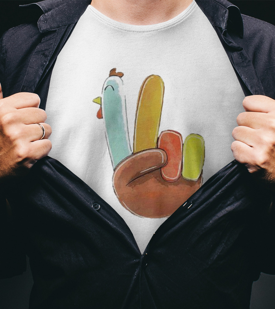 Thanksgiving Hand Gesture Cute Turkey Peace Sign Holiday Fun T-Shirt