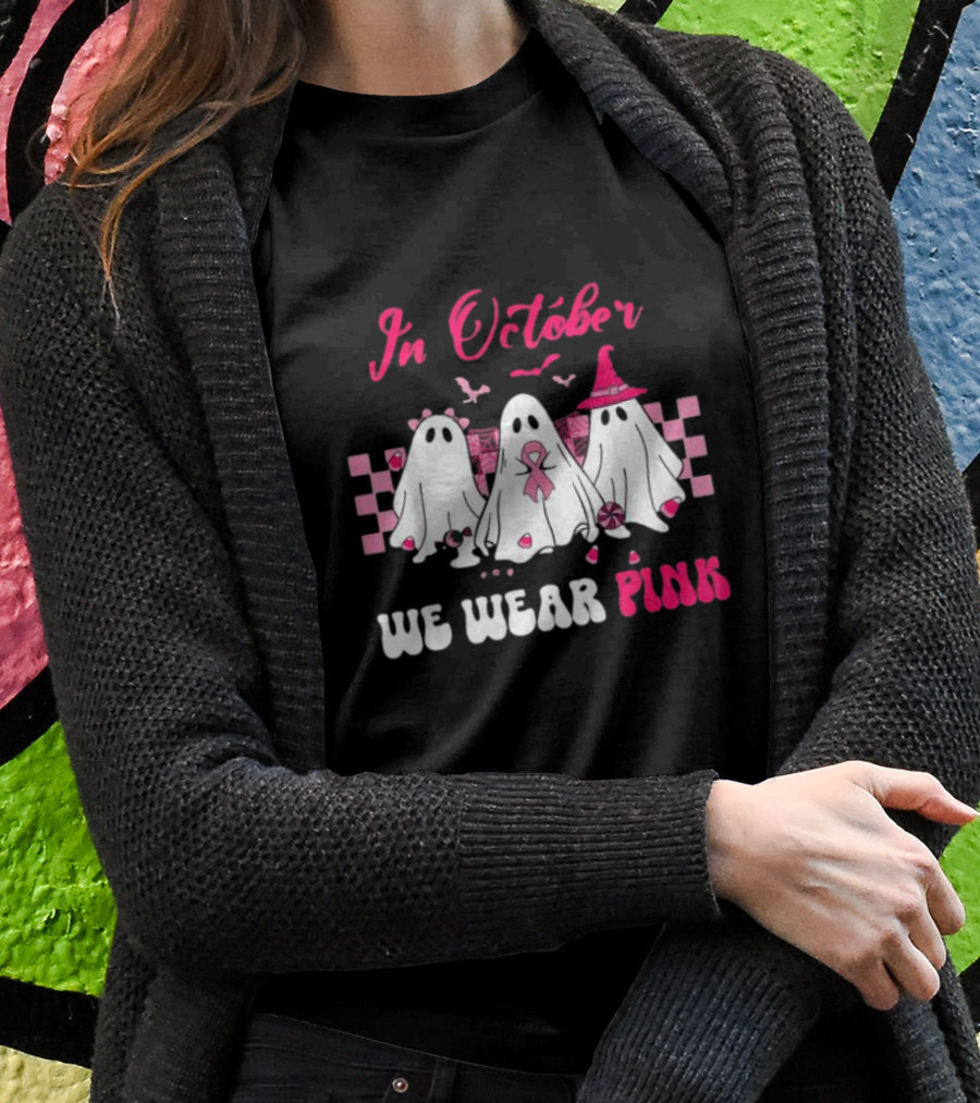 In October We Wear Pink Breast Cancer Ghost Halloween Groovy T-Shirt