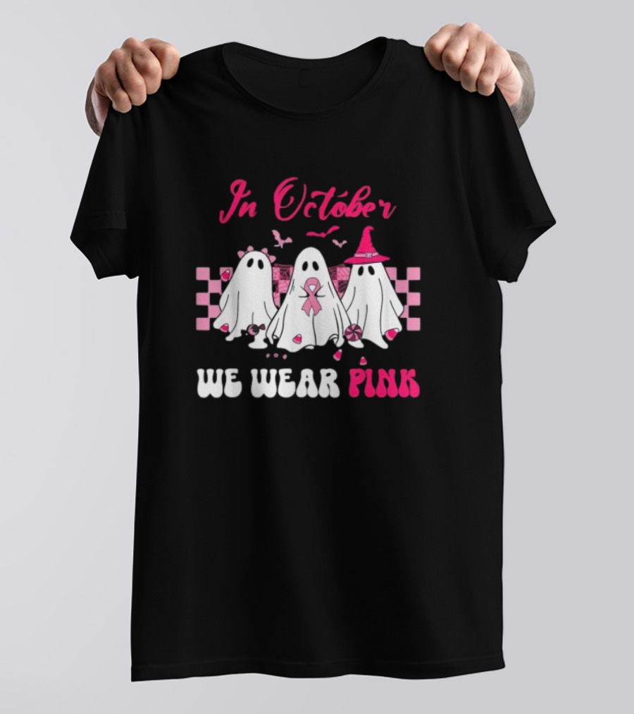 In October We Wear Pink Breast Cancer Ghost Halloween Groovy T-Shirt