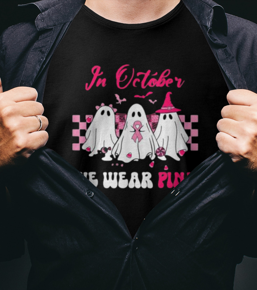 In October We Wear Pink Breast Cancer Ghost Halloween Groovy T-Shirt