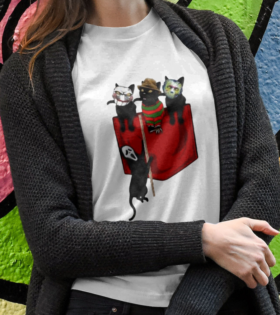 Cat Cosplay Horror Movie Characters Trick Or Treat Freddy Krueger Jason Voorhees Scream Happy Halloween T-Shirt
