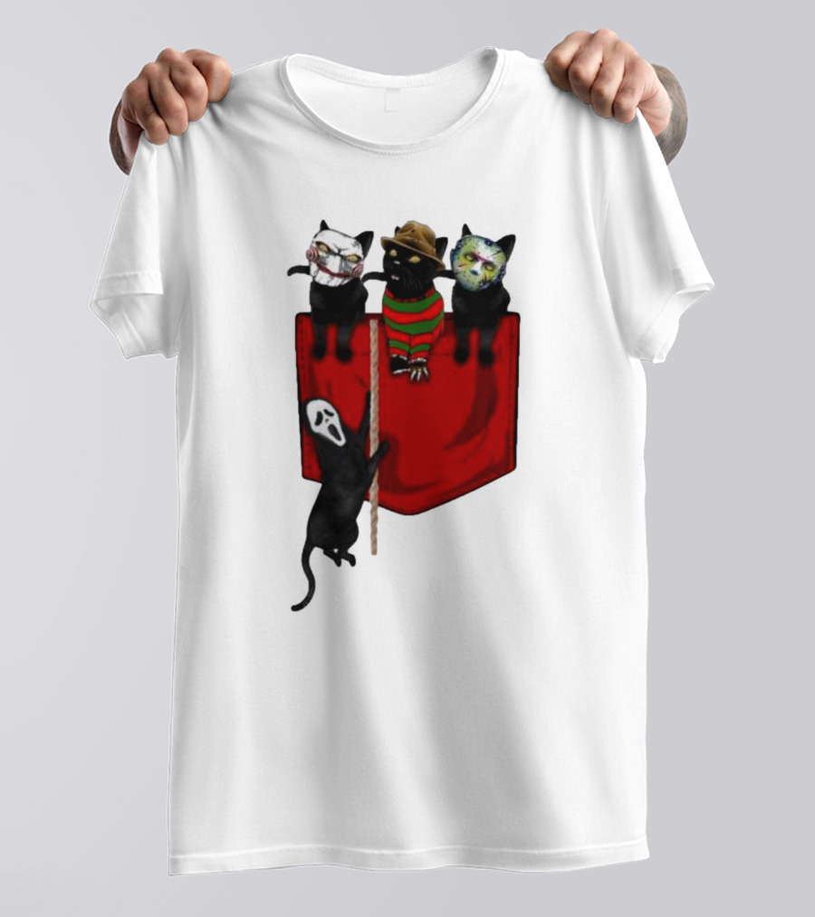 Cat Cosplay Horror Movie Characters Trick Or Treat Freddy Krueger Jason Voorhees Scream Happy Halloween T-Shirt