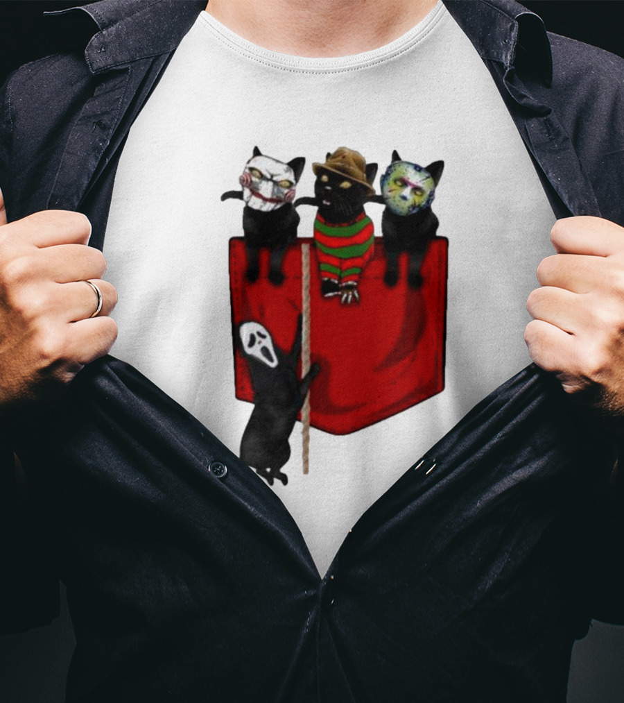Cat Cosplay Horror Movie Characters Trick Or Treat Freddy Krueger Jason Voorhees Scream Happy Halloween T-Shirt