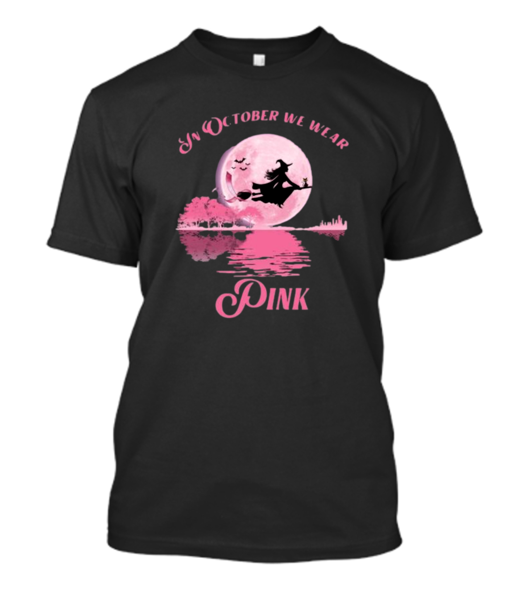 In October We Wear Pink Witch Halloween Moon Breast Cancer Awareness T-Shirt